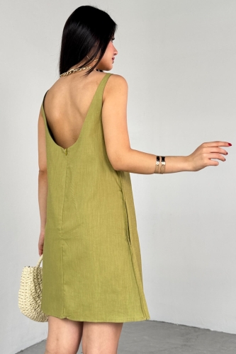 ELB-01779 Yağ Yeşili Keten Sırt Dekolteli Mini Elbise - 2
