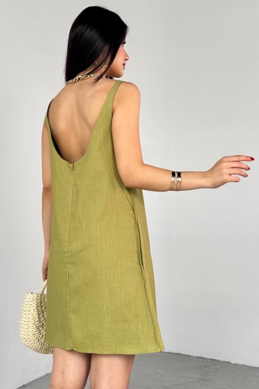 ELB-01779 Yağ Yeşili Keten Sırt Dekolteli Mini Elbise - 2