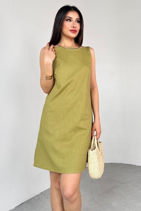 ELB-01779 Yağ Yeşili Keten Sırt Dekolteli Mini Elbise - 6