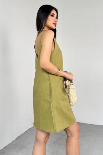 ELB-01779 Yağ Yeşili Keten Sırt Dekolteli Mini Elbise - 7
