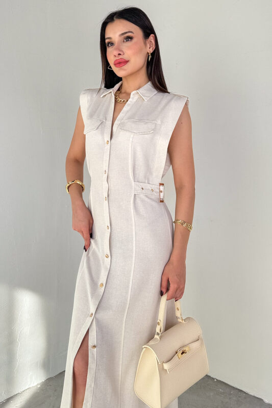 ELB-01788 Krem Polo Yaka Cepli Bağlama Detaylı Ham Keten Gömlek Elbise - 5