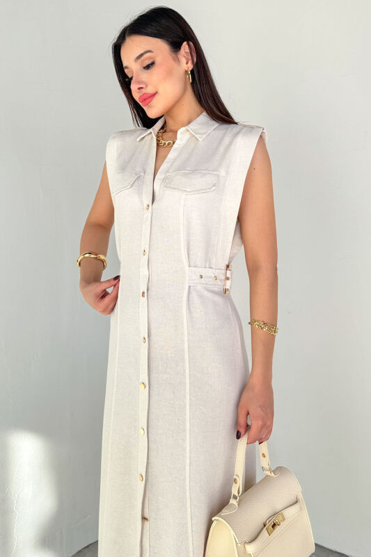 ELB-01788 Krem Polo Yaka Cepli Bağlama Detaylı Ham Keten Gömlek Elbise - 6