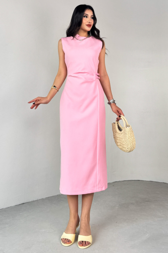 ELB-01789 Pembe Deri Kemerli Arka Fermuar Detaylı Lamineli Poliviskon Elbise 