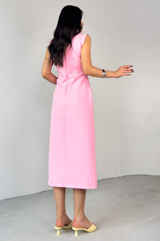ELB-01789 Pembe Deri Kemerli Arka Fermuar Detaylı Lamineli Poliviskon Elbise - 3