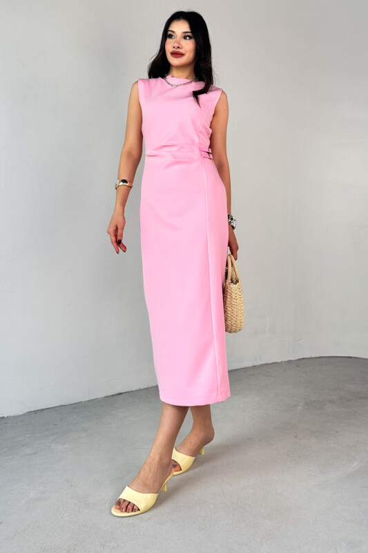 ELB-01789 Pembe Deri Kemerli Arka Fermuar Detaylı Lamineli Poliviskon Elbise - 5