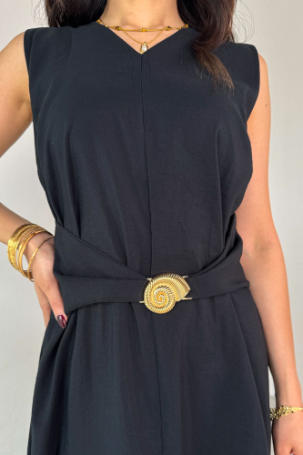 ELB-01790 Siyah Ön Yırtmaçlı Tasarım Gold Spiral Tokalı Midi Elbise - 3