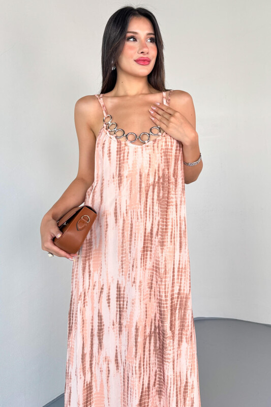 ELB-01801 Krem Batik Desenli Halka Detaylı İnce Askılı Yazlık Elbise - 3
