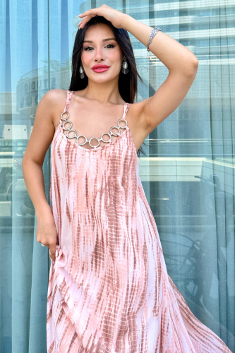 ELB-01801 Krem Batik Desenli Halka Detaylı İnce Askılı Yazlık Elbise - 2