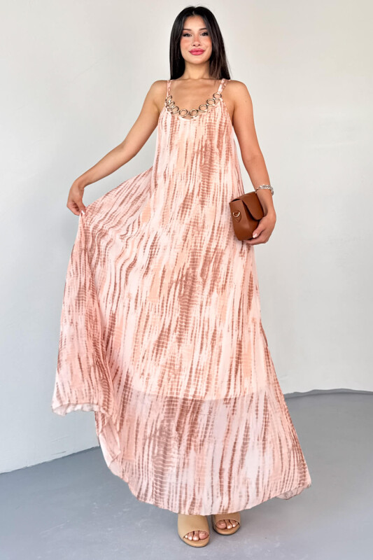 ELB-01801 Krem Batik Desenli Halka Detaylı İnce Askılı Yazlık Elbise - 1