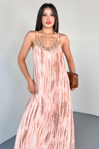 ELB-01801 Krem Batik Desenli Halka Detaylı İnce Askılı Yazlık Elbise - 8