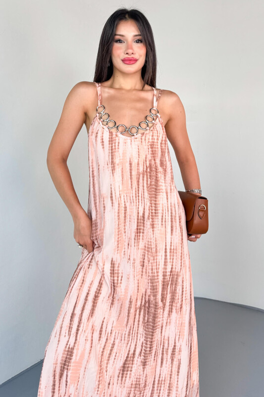 ELB-01801 Krem Batik Desenli Halka Detaylı İnce Askılı Yazlık Elbise - 8