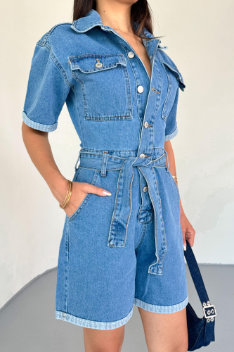 ELB-01804 Mavi Kısa Kollu Cep Detaylı Düğmeli Denim Şort Tulum - 3