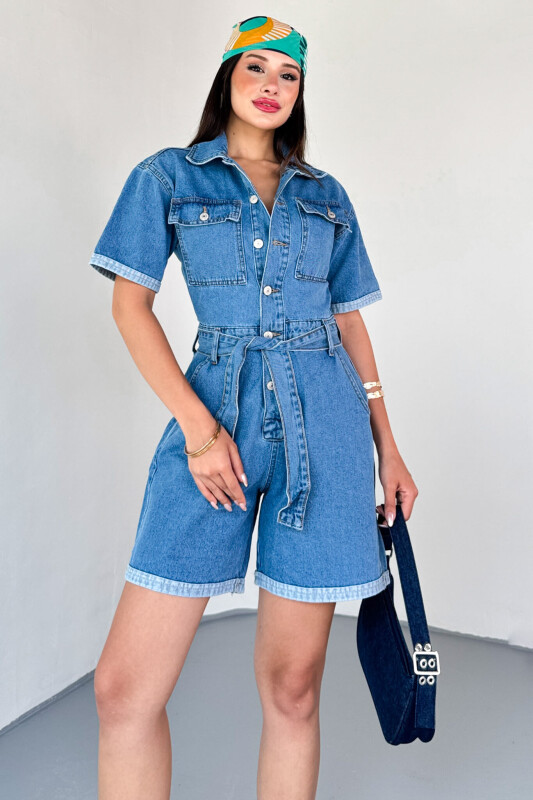 ELB-01804 Mavi Kısa Kollu Cep Detaylı Düğmeli Denim Şort Tulum - 4