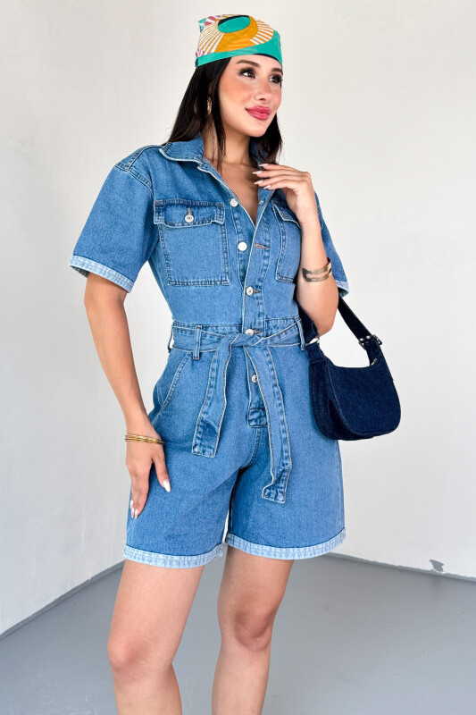 ELB-01804 Mavi Kısa Kollu Cep Detaylı Düğmeli Denim Şort Tulum - 1