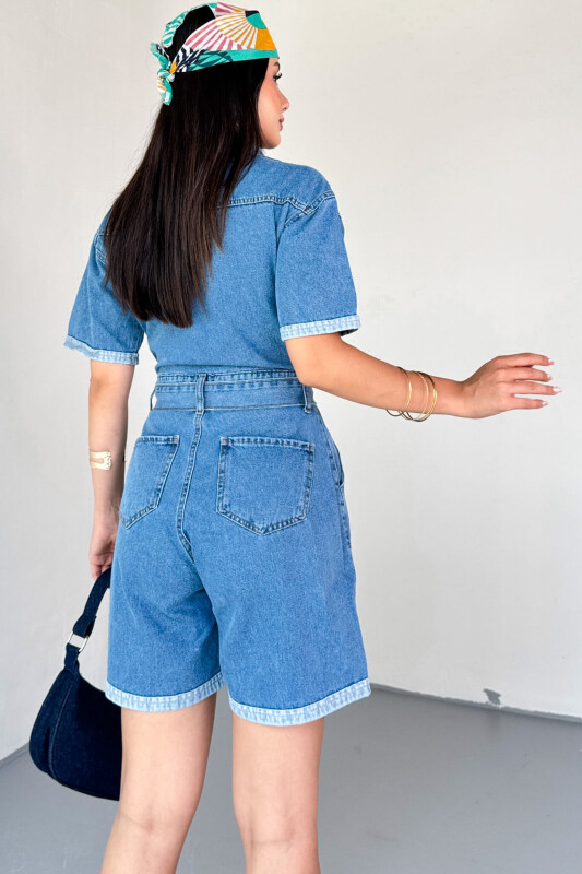 ELB-01804 Mavi Kısa Kollu Cep Detaylı Düğmeli Denim Şort Tulum - 5