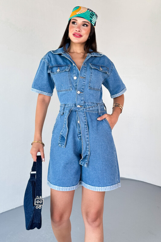 ELB-01804 Mavi Kısa Kollu Cep Detaylı Düğmeli Denim Şort Tulum - 2