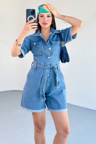 ELB-01804 Mavi Kısa Kollu Cep Detaylı Düğmeli Denim Şort Tulum - 6