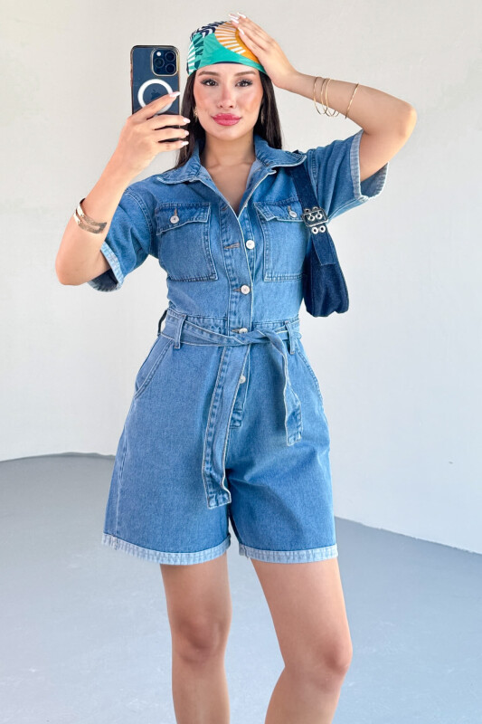 ELB-01804 Mavi Kısa Kollu Cep Detaylı Düğmeli Denim Şort Tulum - 6