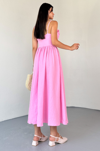 ELB-01807 Pembe Ön Piliseli Büstiyerli Müslin Kumaş Askılı Elbise - 7
