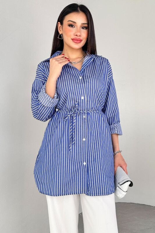 ELB-01808 Lacivert Çizgili Kuşak Detaylı Gömlek Elbise - 3