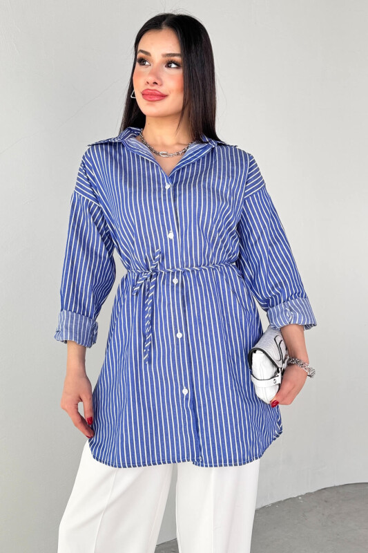 ELB-01808 Lacivert Çizgili Kuşak Detaylı Gömlek Elbise - 4