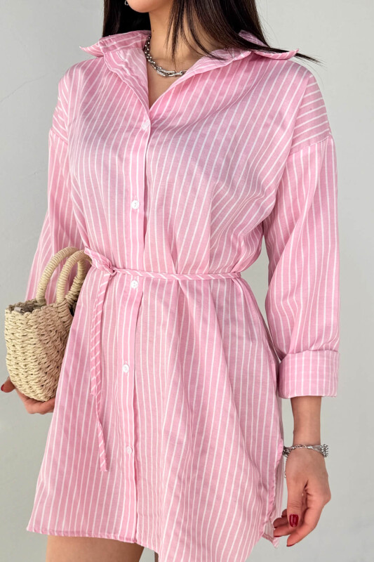 ELB-01808 Pembe Çizgili Kuşak Detaylı Gömlek Elbise - 2