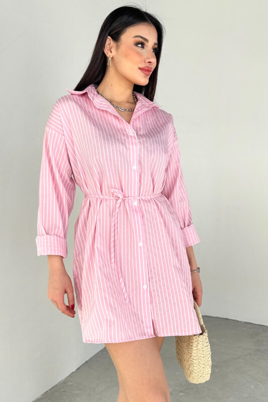 ELB-01808 Pembe Çizgili Kuşak Detaylı Gömlek Elbise - 1