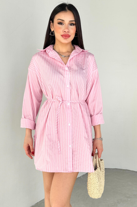 ELB-01808 Pembe Çizgili Kuşak Detaylı Gömlek Elbise - 3