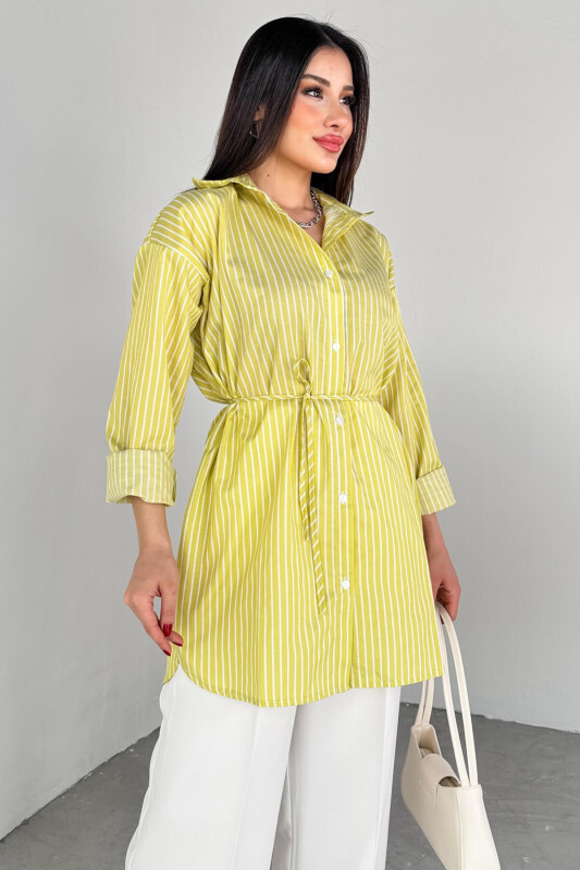 ELB-01808 Yağ Yeşili Çizgili Kuşak Detaylı Gömlek Elbise - 4