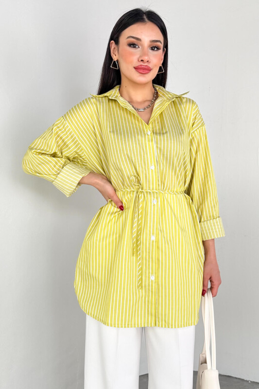 ELB-01808 Yağ Yeşili Çizgili Kuşak Detaylı Gömlek Elbise - 1