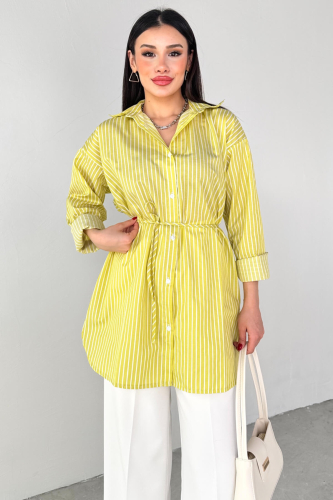 ELB-01808 Yağ Yeşili Çizgili Kuşak Detaylı Gömlek Elbise - 5