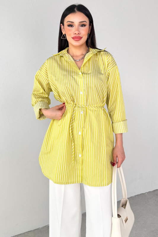 ELB-01808 Yağ Yeşili Çizgili Kuşak Detaylı Gömlek Elbise - 5