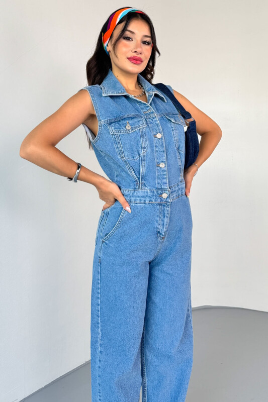 ELB-01809 Mavi Ayarlanabilir Bel Detaylı Denim Sıfır Kol Tulum - 2