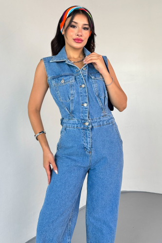 ELB-01809 Mavi Ayarlanabilir Bel Detaylı Denim Sıfır Kol Tulum - 4