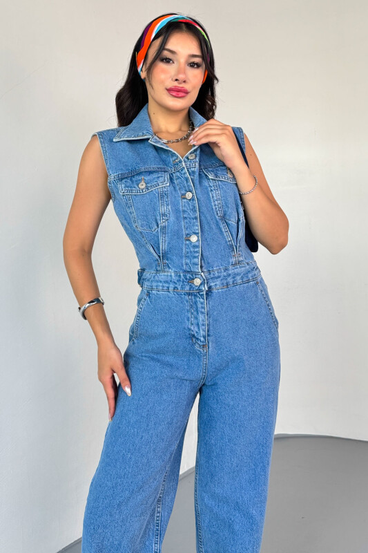 ELB-01809 Mavi Ayarlanabilir Bel Detaylı Denim Sıfır Kol Tulum - 4