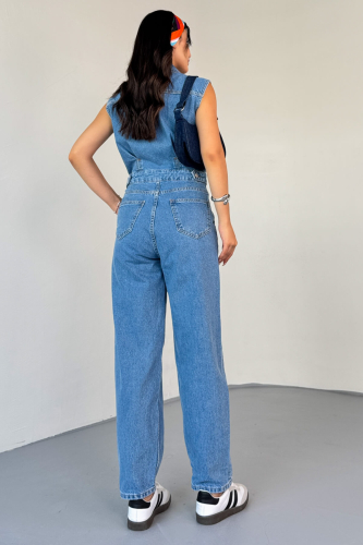 ELB-01809 Mavi Ayarlanabilir Bel Detaylı Denim Sıfır Kol Tulum - 5