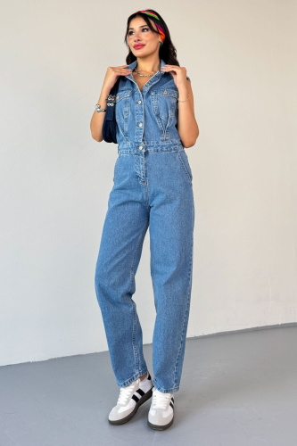 ELB-01809 Mavi Ayarlanabilir Bel Detaylı Denim Sıfır Kol Tulum - 6