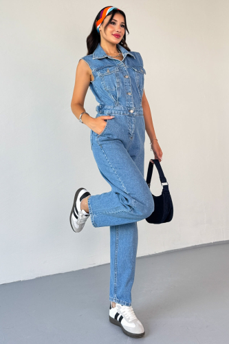 ELB-01809 Mavi Ayarlanabilir Bel Detaylı Denim Sıfır Kol Tulum - 3