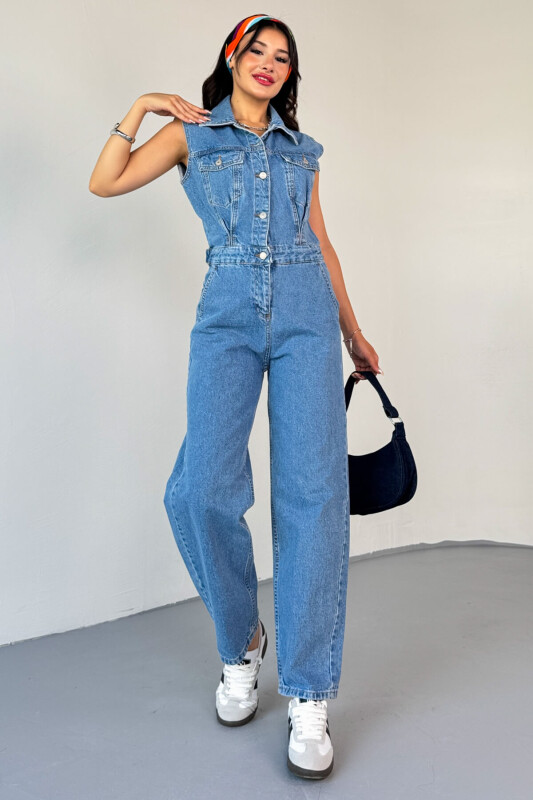 ELB-01809 Mavi Ayarlanabilir Bel Detaylı Denim Sıfır Kol Tulum - 1
