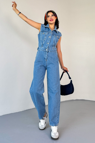 ELB-01809 Mavi Ayarlanabilir Bel Detaylı Denim Sıfır Kol Tulum - 7