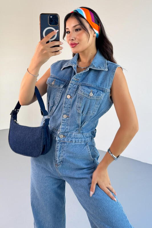 ELB-01809 Mavi Ayarlanabilir Bel Detaylı Denim Sıfır Kol Tulum - 8