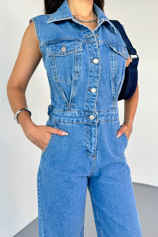 ELB-01809 Mavi Ayarlanabilir Bel Detaylı Denim Sıfır Kol Tulum - 9