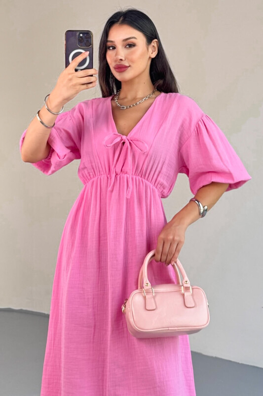ELB-01812 Pembe V Yaka Lastik Kollu Pamuklu Keten Uzun Elbise - 5