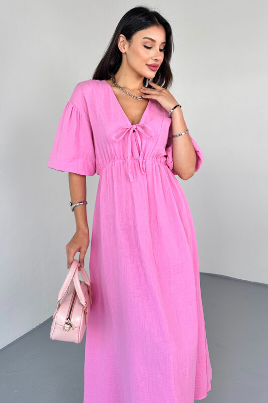 ELB-01812 Pembe V Yaka Lastik Kollu Pamuklu Keten Uzun Elbise - 2