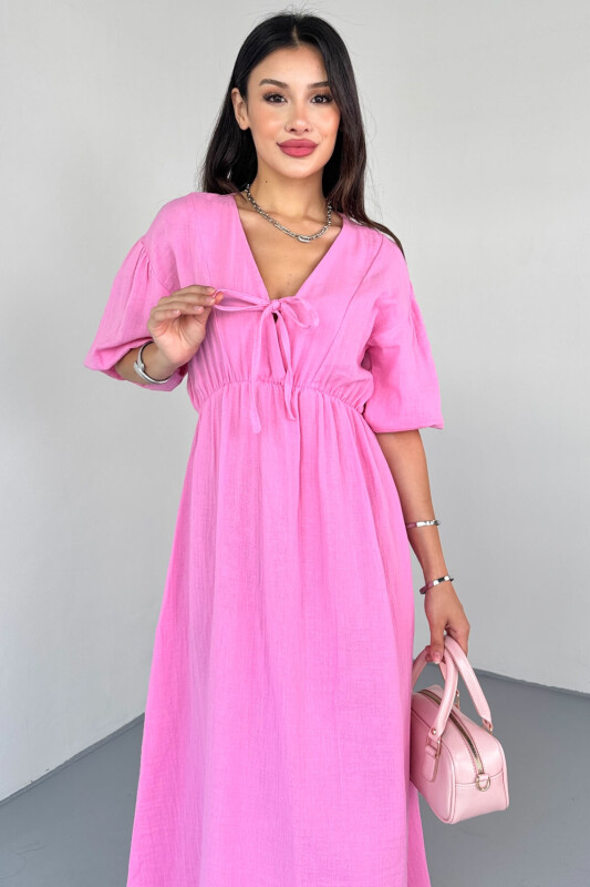 ELB-01812 Pembe V Yaka Lastik Kollu Pamuklu Keten Uzun Elbise - 7
