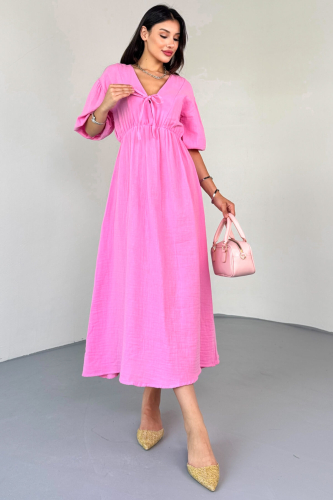 ELB-01812 Pembe V Yaka Lastik Kollu Pamuklu Keten Uzun Elbise 