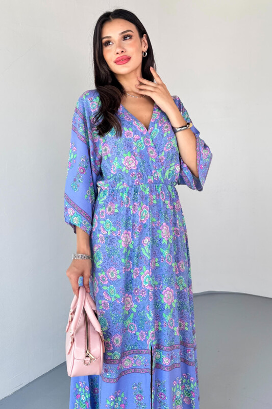 ELB-01813 Lila Kruvaze Yaka Çiçek Desenli Viskon Uzun Elbise - 2