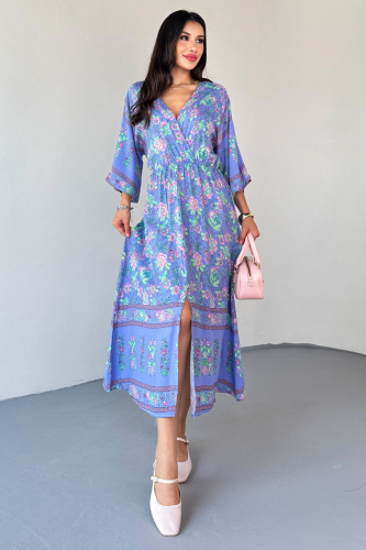 ELB-01813 Lila Kruvaze Yaka Çiçek Desenli Viskon Uzun Elbise - 8