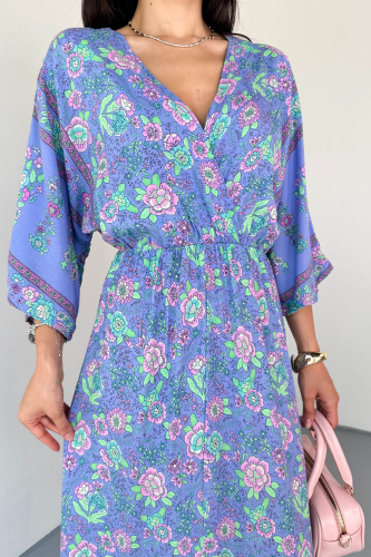 ELB-01813 Lila Kruvaze Yaka Çiçek Desenli Viskon Uzun Elbise - 9