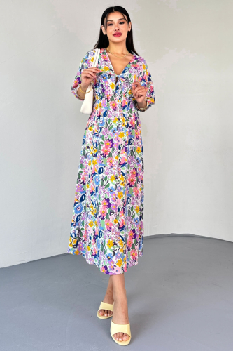 ELB-01814 Mavi Pastel Bloom Çiçekli Kruvaze Yaka Yazlık Elbise - 1